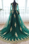 Green Muslim Wedding Dress With Gold Lace Applique DQG038
