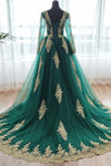 Green Muslim Wedding Dress With Gold Lace Applique Arabic Gown DQG038