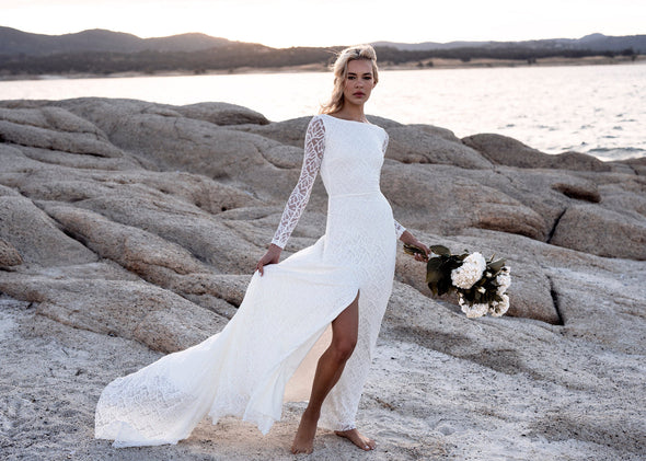 Backless Lace Bohemian Long Sleeves Split Wedding Dresses