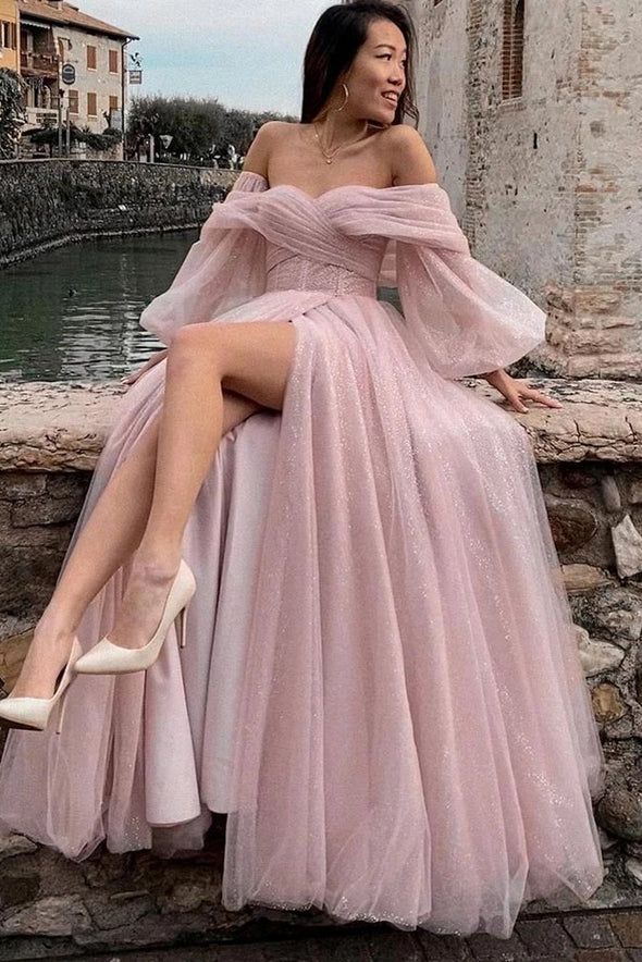 Pearl Pink Bling Bling Off The Shoulder A Line Prom Dress
