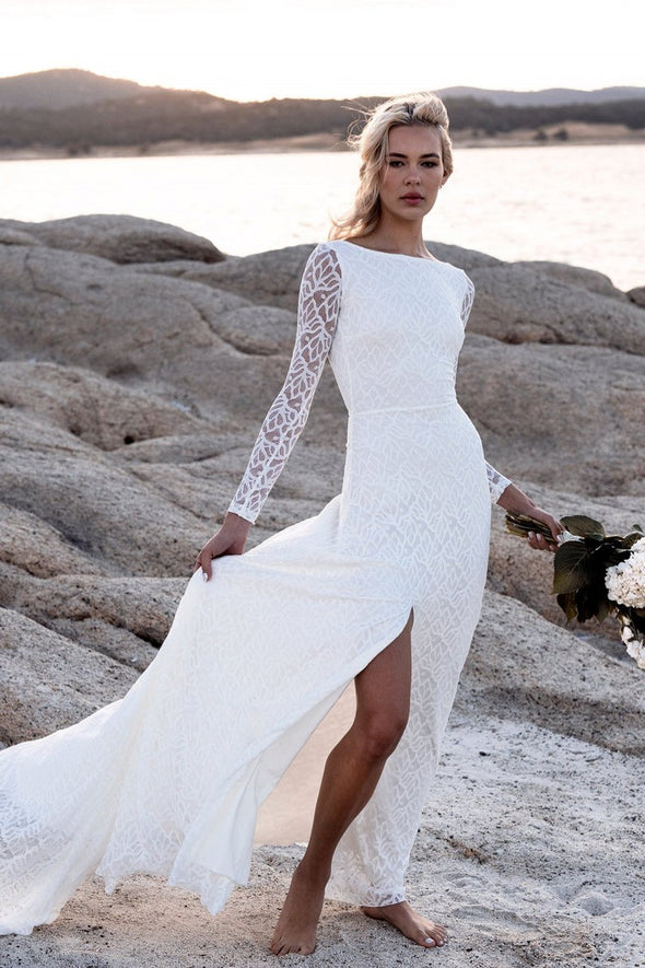 Backless Lace Bohemian Long Sleeves Split Wedding Dresses