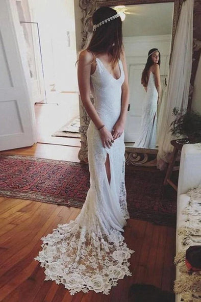 Simple Style Modest Sheath Long Lace Beach Wedding Dress