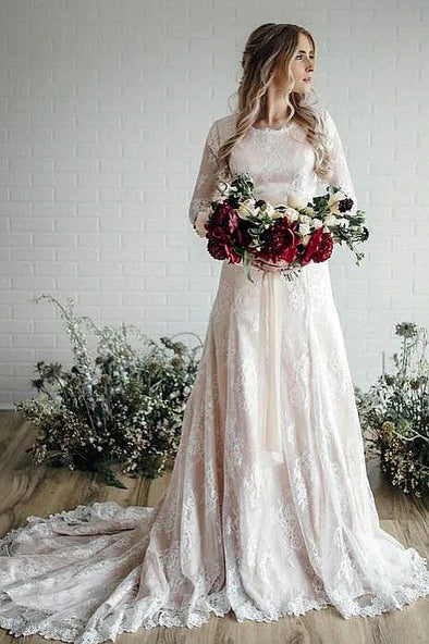 A Line Nude Lining Modesr Lace Wedding Dress Elegant Bridal Gown