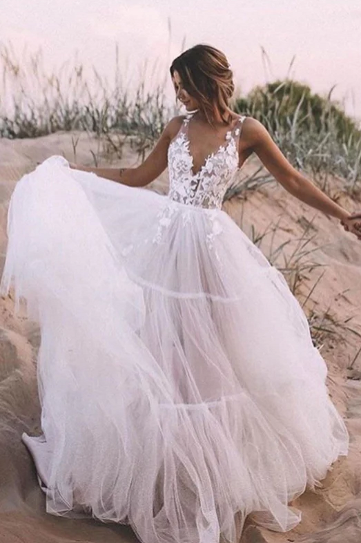 A Line Bohemian Tulle Wedding Dresses With Lace Appliques TANYA