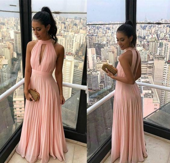 Simple Long Chiffon Peach Bridesmaid Dress Open Front