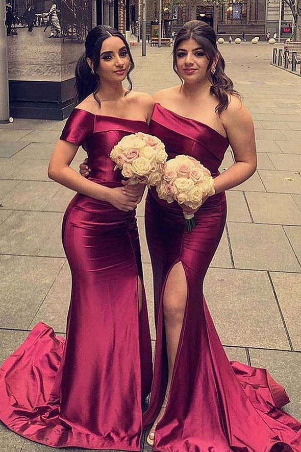 One Shoulder Mermaid Bridesmaid Dresses Slit Burgundy Wedding Guest Prom Party Dresses