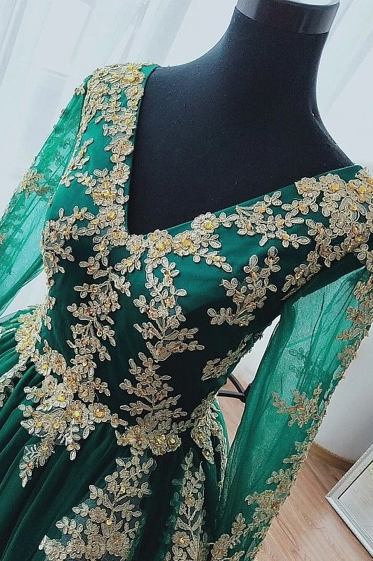 Green Muslim Wedding Dress With Gold Lace Applique DQG038