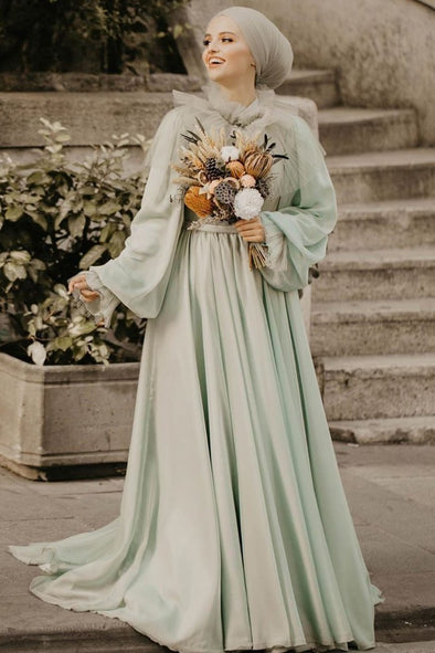 Light Green Muslim Wedding Dresses Long Sleeves A Line Chiffon Bridal Dress