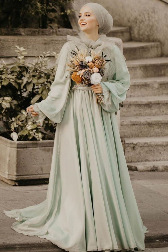 Light Green Muslim Wedding Dresses Long Sleeves A Line Chiffon Bridal Dress