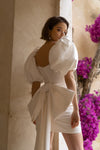 Satin Short Wedding Dresss Puff Sleeve With Detachable Big Bow DW694