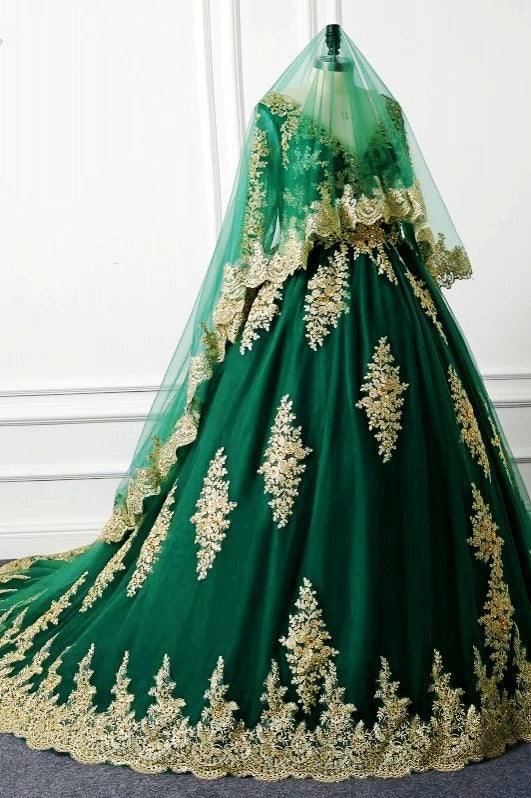 Green Muslim Wedding Dress With Gold Lace Applique DQG038 Green Muslim Wedding Dress With Gold Lace Applique DQG038