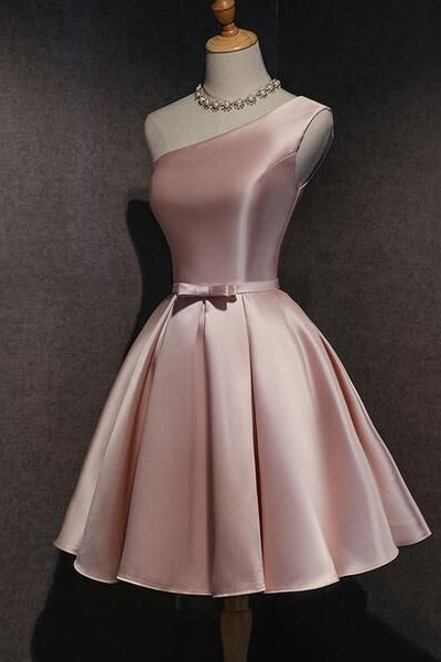 One Shoulder Dusty Pink Satin Homecoming Party Dress