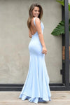 Light Blue Mermaid Backless Prom Dresses TB1341