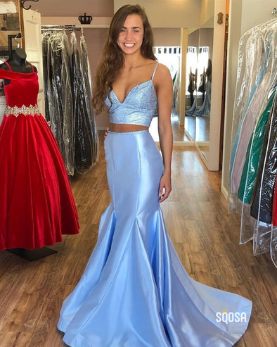 Sky Blue Mermaid Long Evening Dress Prom Gown Two Pieces