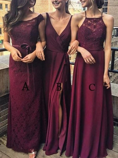 Burgundy Long Lace Chiffon Bridesmaid Dresses A B C Style TB1370