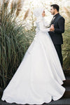 Satin White Muslim Wedding Bridal Dress Long Sleeves DQG1117