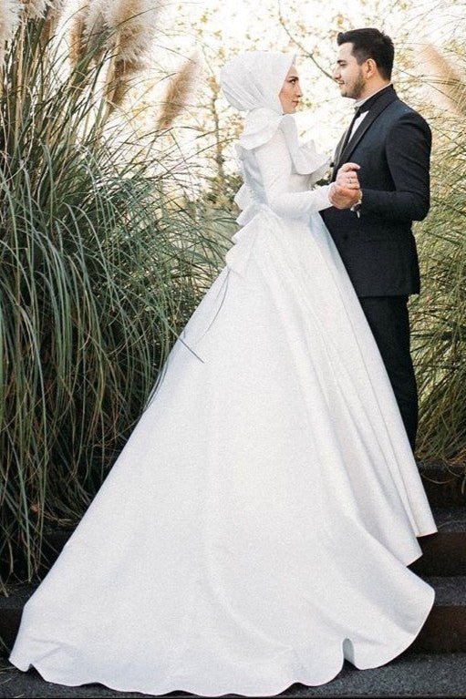 Satin White Muslim Wedding Bridal Dress Long Sleeves DQG1117