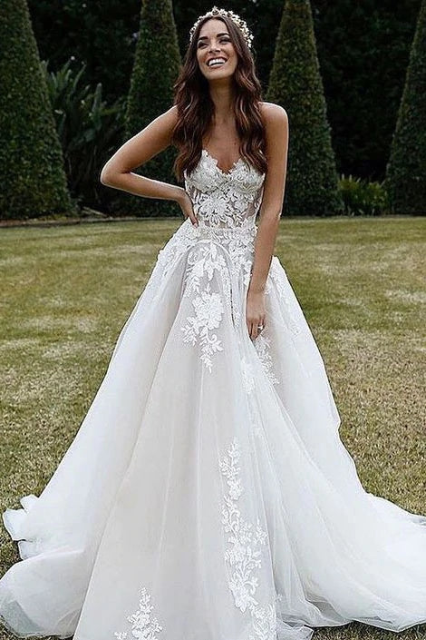 Sweetheart Tulle A Line Appliques Wedding Dresses With Lace