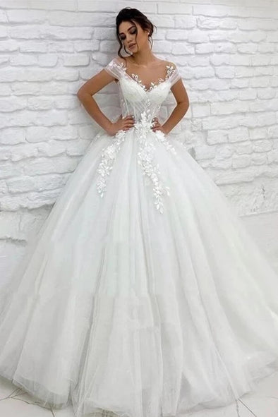 Elegant Tulle Princess Wedding Dress Sheer Neck Vestido De Noiva