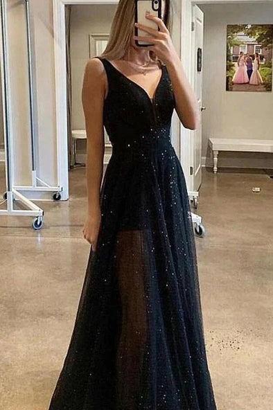 A Line V Neck Sparkly Sequins Black Long Evening Dresses