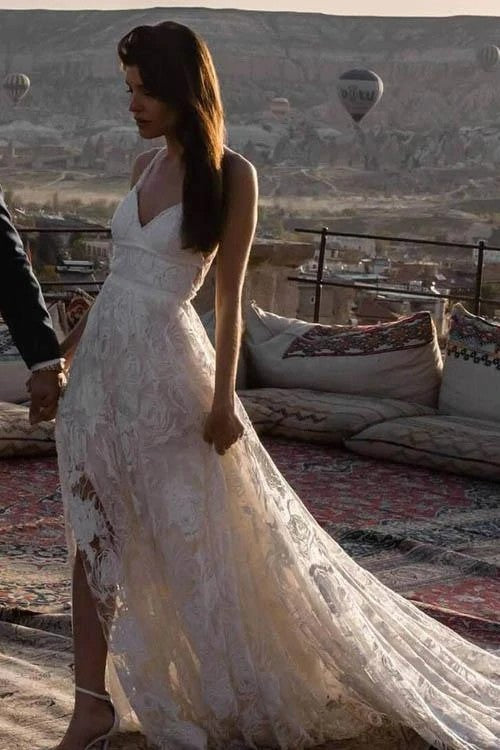 Rose Lace Cross Back A Line Bohemian Wedding Dress