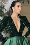 Dark Green Elegant Evening Dresses With Long Sleeve