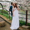 Pure White Chiffon Wedding Dresses Half Sleeve Lace A Line Bridal Gowns