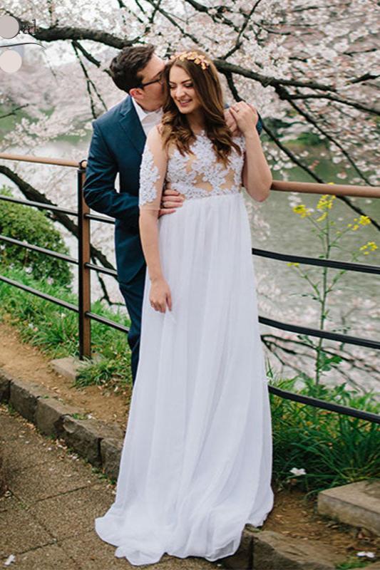 half sleeve a line wedding dress Elegant A-line Half Sleeve Sweep Train Wedding Dress with Lace Sequins S3217W - Wedding Dresses