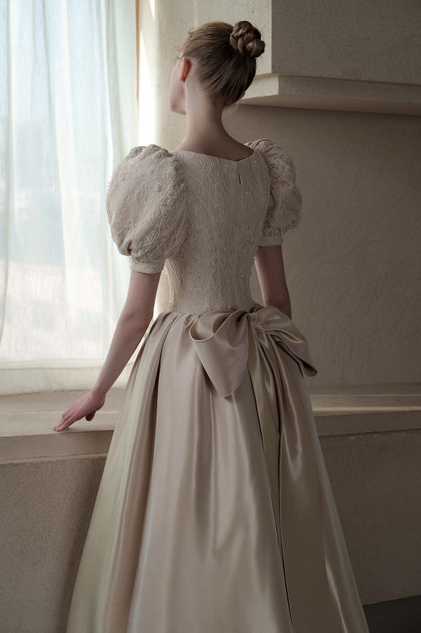 A Line Satin Vintage Champagne Puff Sleeve Wedding Dresses ZW835