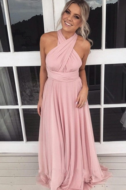 A-Line Long Pink Chiffon Convertible Bridesmaid Dress TANYA BRIDAL A-Line Long Pink Chiffon Convertible Bridesmaid Dress TANYA BRIDAL