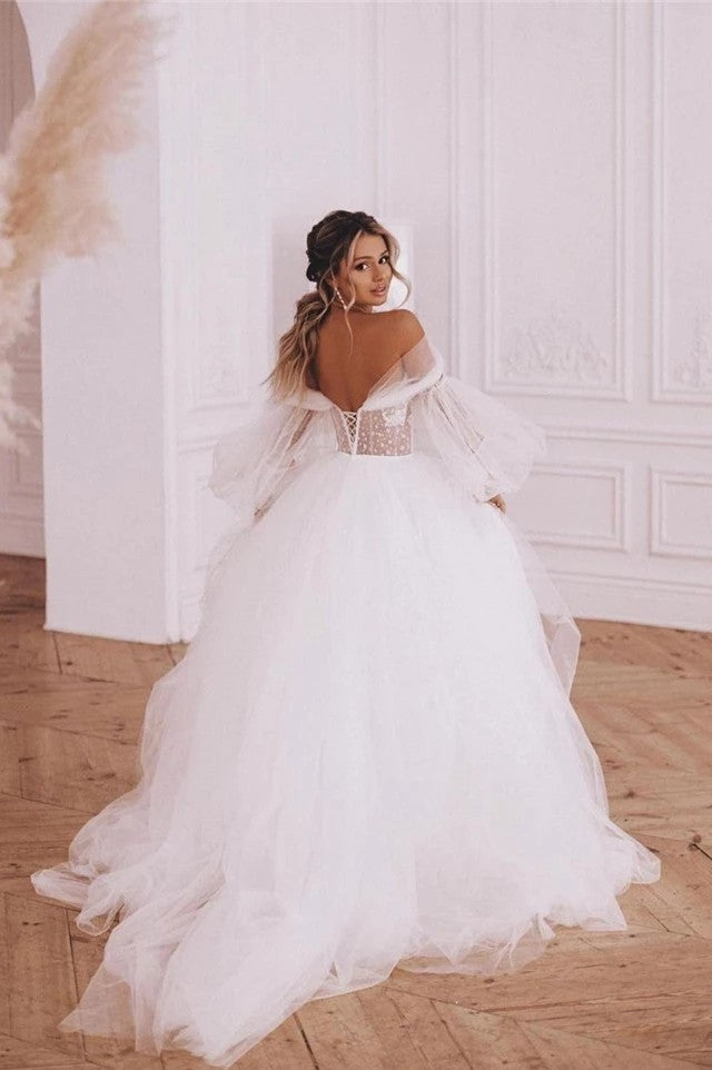Princess Ball Gown Square Neck Puff Sleeves Satin Wedding Dress AB101601 –  Anniebride