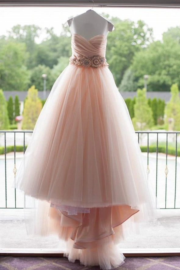 pearl pink wedding dress Cute Pearl Pink Off Shoulder Lace Organza Tea Length Wedding Dress, White