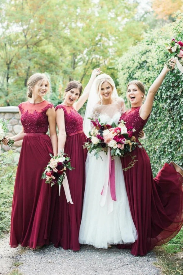 Burgundy Lace Illusion Neck A Line Long Bridesmaid Dress Chiffon Skirt