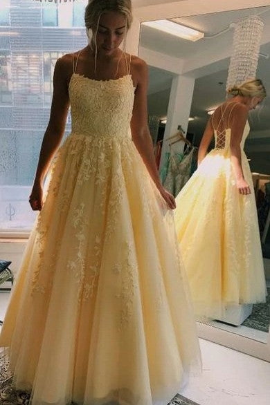 A Line Lace Appliques Champagne Prom Dresses Long