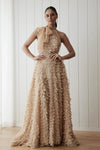 Champagne Tired Tulle Halter Backless Layered A-Line Boho Bridal Gowns DW678