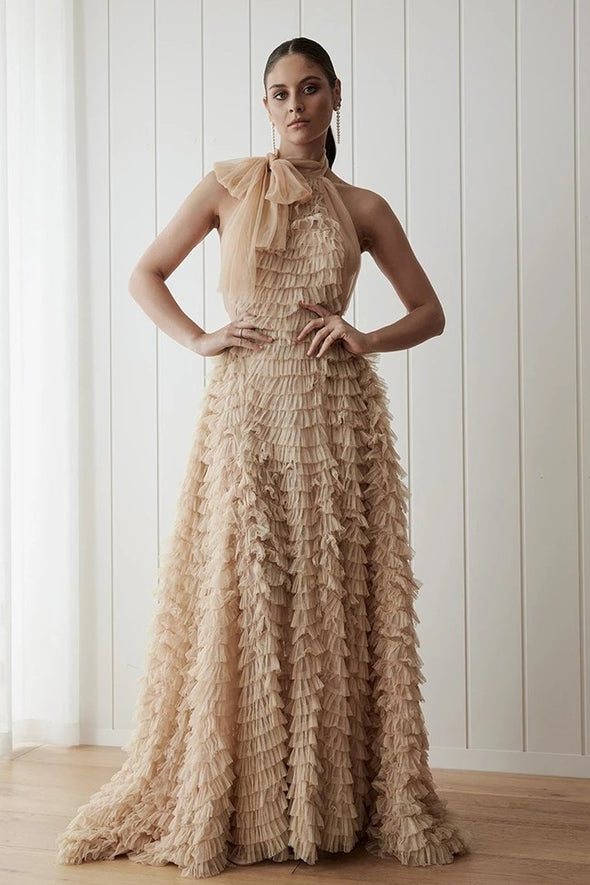 Champagne Tired Tulle Halter Backless Layered A-Line Boho Bridal Gowns DW678