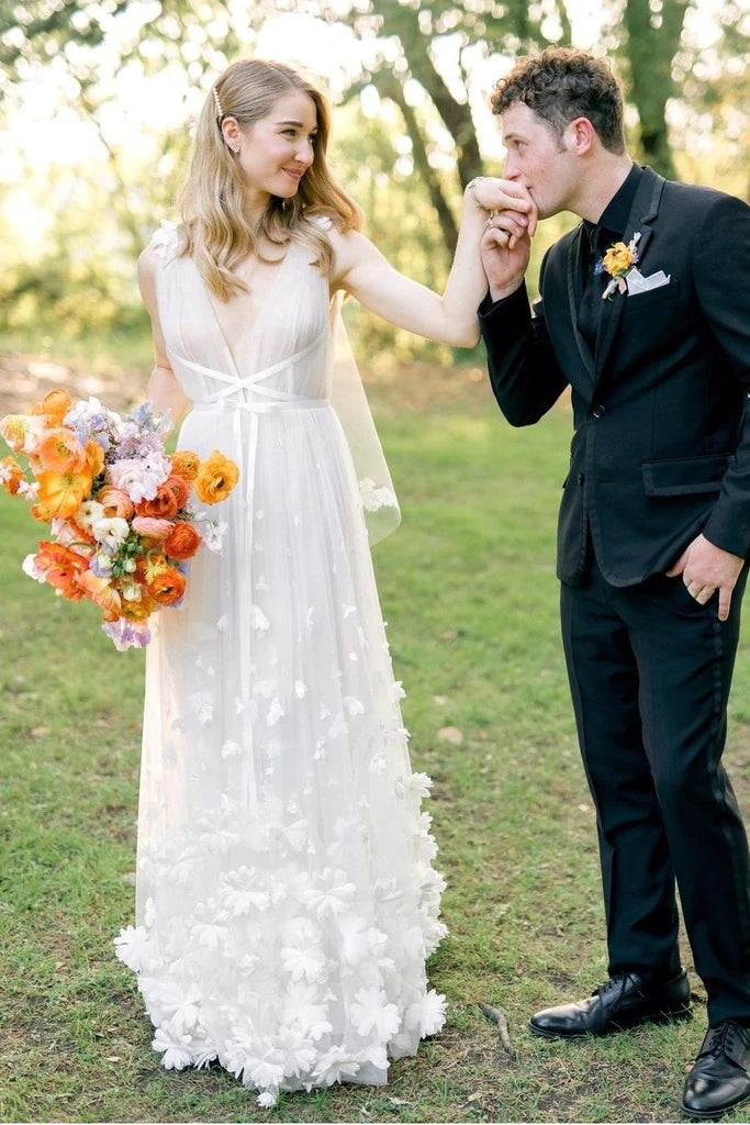 Elegant A Line V Neck Tulle Flower Fairy Wedding Dress - Elegant A Line V Neck Tulle Flower Fairy Wedding Dress -