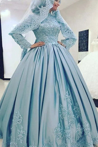 Blue Arabic High Neck Long Sleeves Ball Gown Muslim Wedding Dress TBW76