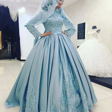 Blue Arabic High Neck Long Sleeves Ball Gown Muslim Wedding Dress TBW76