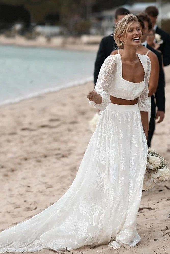 Dreamy Wedding Gown Two-Piece Silk Floral Lace Bohemian Bridal Dresses TANYA BRIDAL Dreamy Wedding Gown Two-Piece Silk Floral Lace Bohemian Bridal Dresses TANYA BRIDAL
