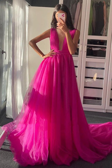 Hot Pink A Line Tulle Backless Prom Dresses