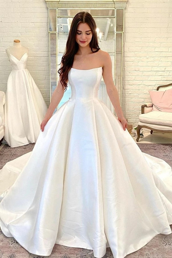 Simple Satin Ball Gown Wedding Dress With Detachable Sleeves