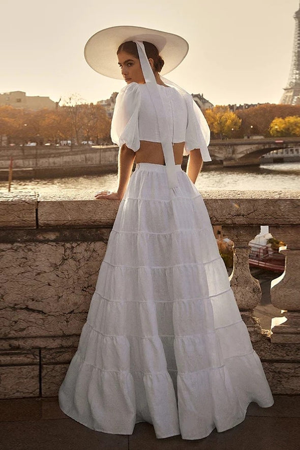 Simple Two Pieces A Line Wedding Dresses Short Puff Sleeve ZW765