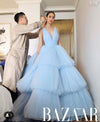 Light Blue Ball Gown Tiered Prom Dresses