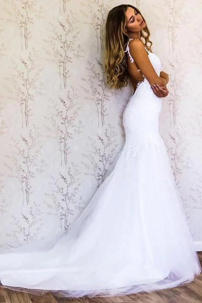 Backless Mermaid Lace Tulle Wedding Dress Sweep Train