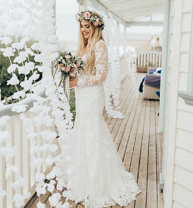 Bohemian Long Sleeves V  Back Mermaid Lace Wedding Dresses