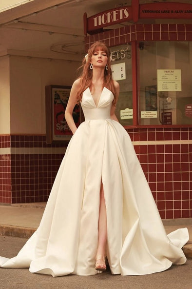 V-Neck A Line Princess Wedding Dresses Side Slit  ZW841