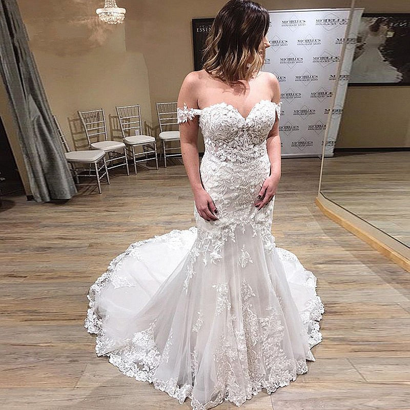 Off The Shoulder Elegant Lace Appliqued Mermaid Wedding Dresses TANYA BRIDAL Off The Shoulder Elegant Lace Appliqued Mermaid Wedding Dresses TANYA BRIDAL