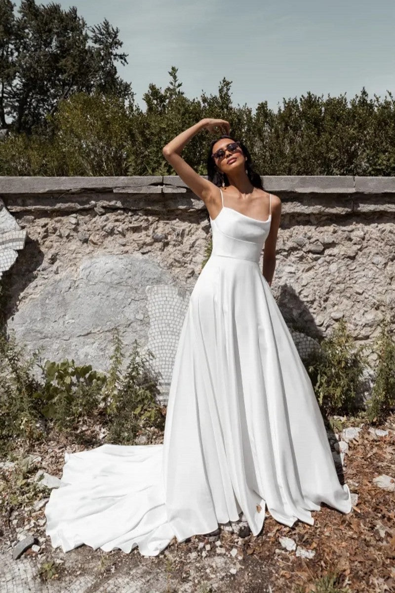 Off Shoulder Boat Neck Simple Wedding Dress - Power Day Sale