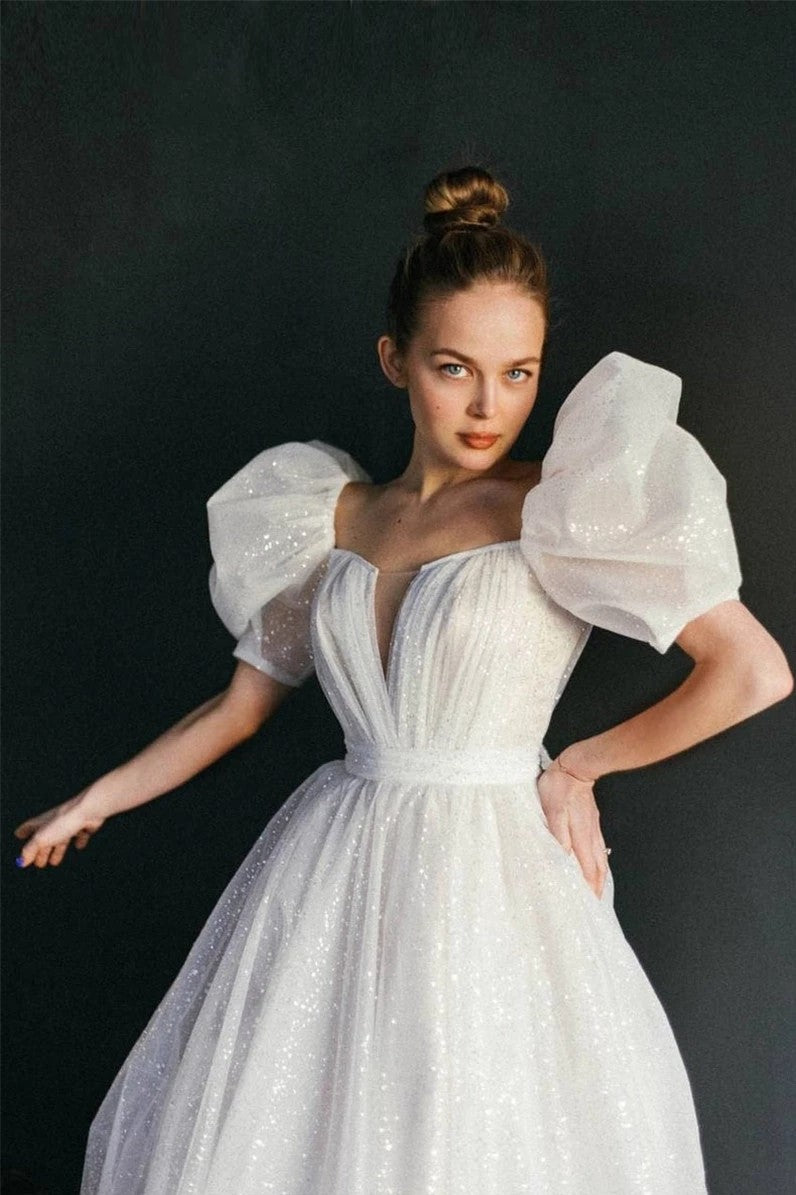 Shiny Glitter Wedding Dresses with Puff Short Sleeves TANYA BRIDAL Shiny Glitter Wedding Dresses with Puff Short Sleeves TANYA BRIDAL